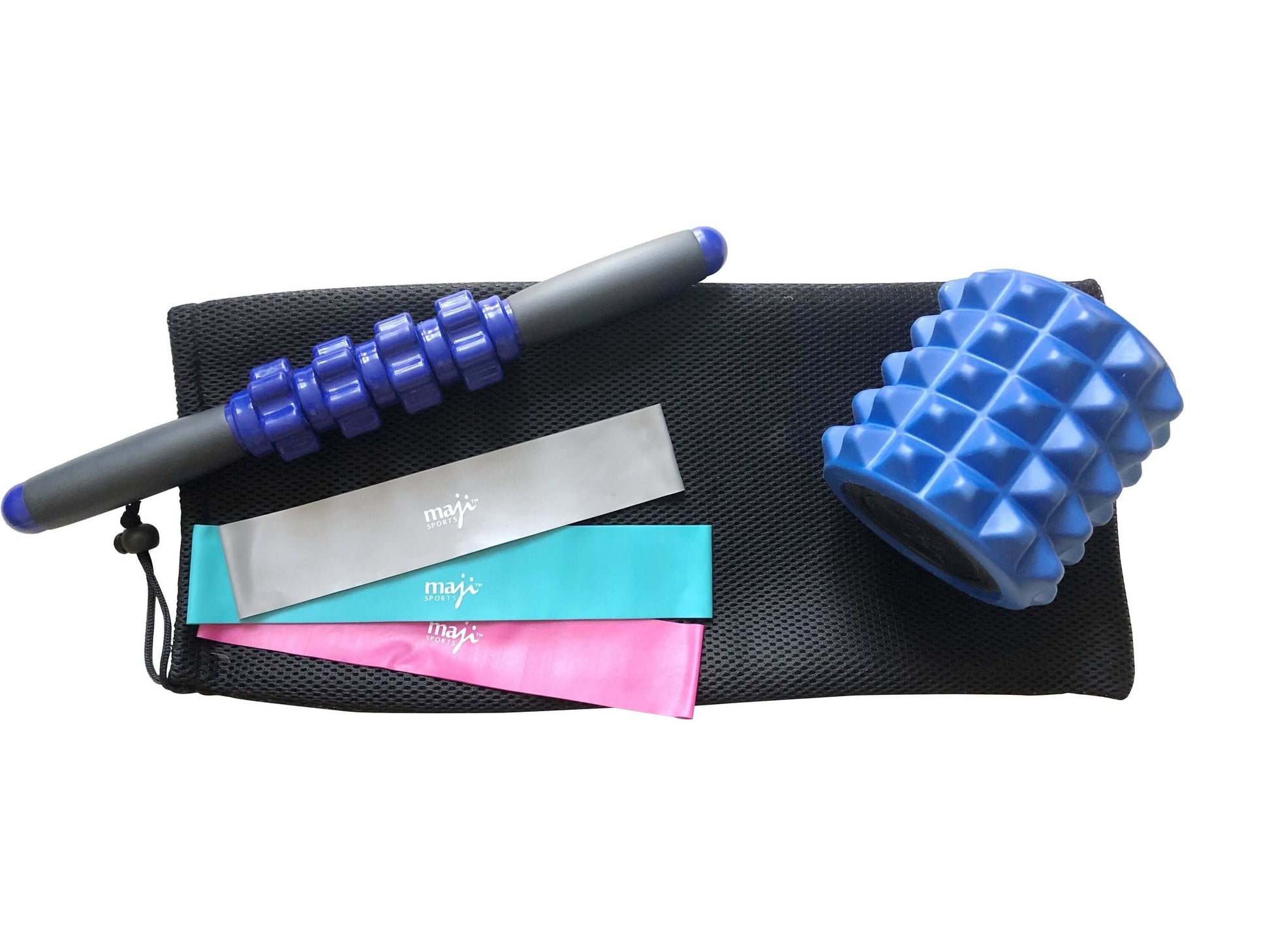 Muscle recovery tools: foam roller and resistance bands in a black carrying pouch for fitness enthusiasts.