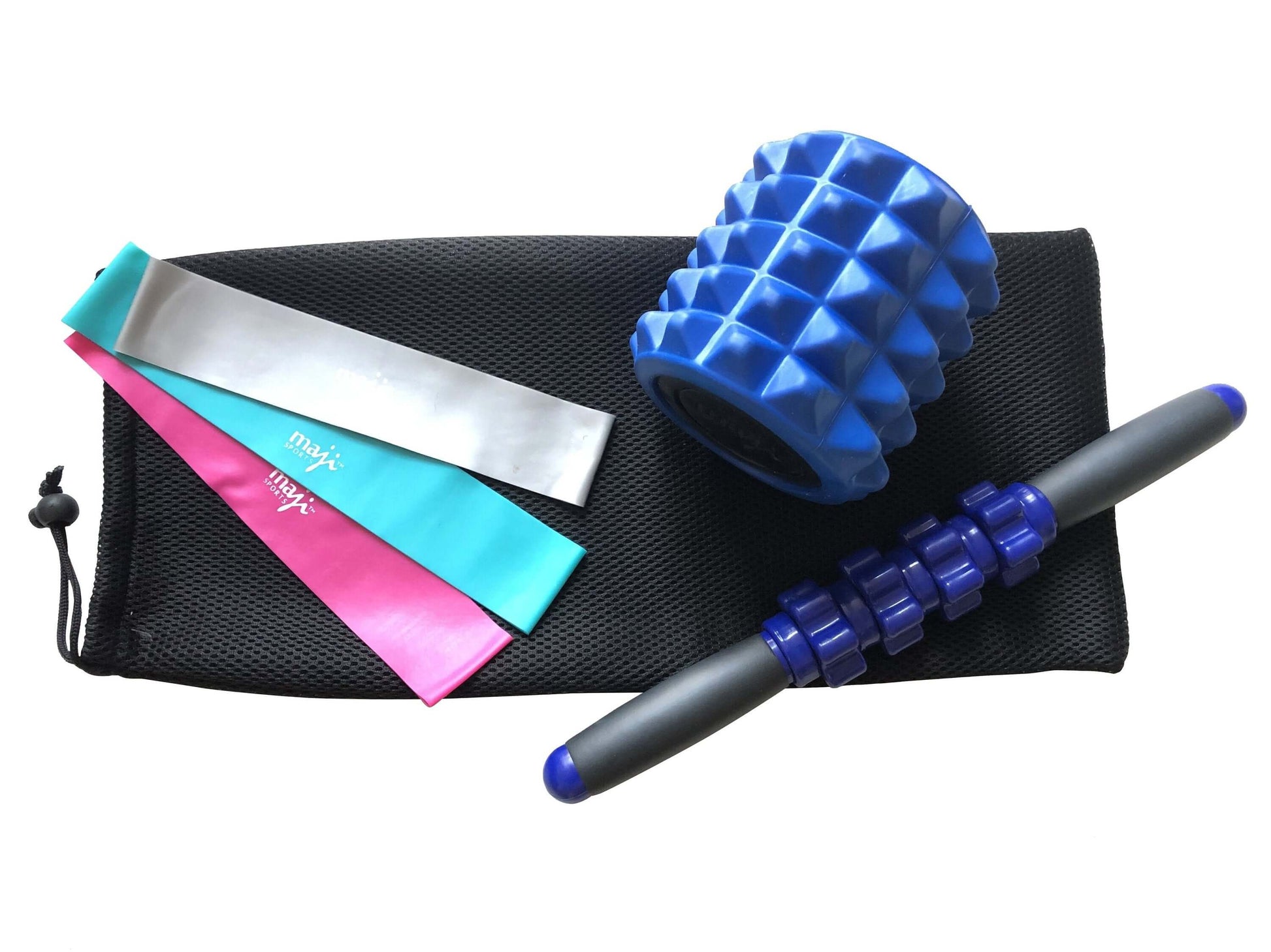 Muscle recovery 3-pack resistance band bundle with mini travel foam roller and massage stick.