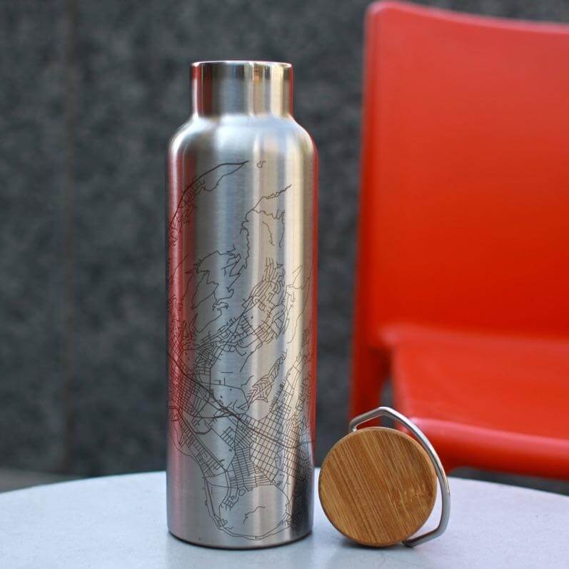 Athens Georgia map engraved on insulated stainless steel bottle with bamboo top, 20oz double-walled design.
