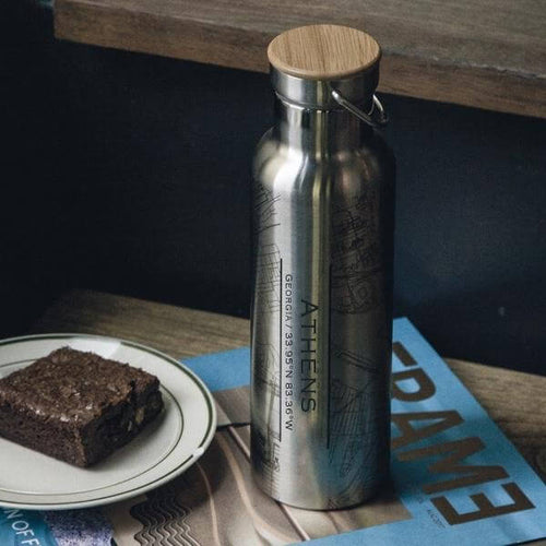 Custom engraved Athens Georgia map bottle with bamboo top, double-walled stainless steel, 20oz, stylish and functional design.