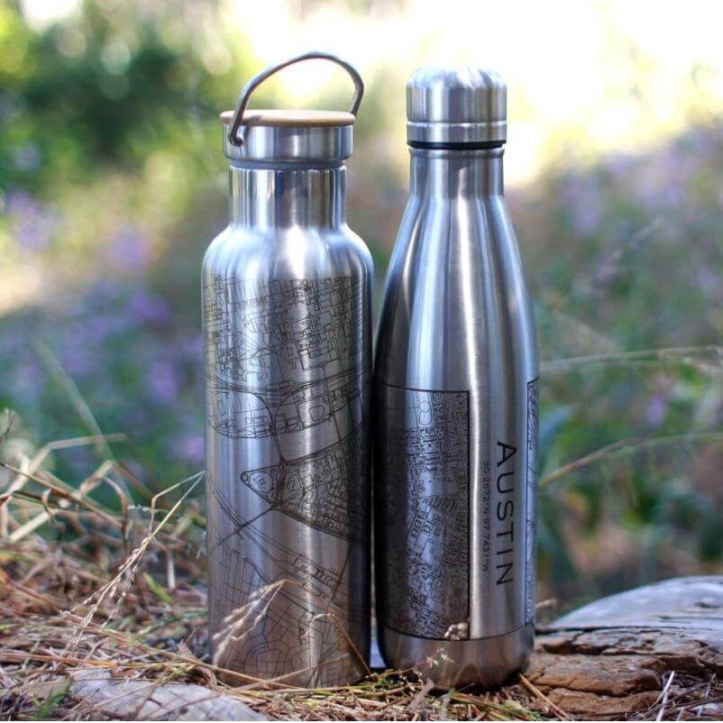 Custom engraved Austin map insulated bottles in stainless steel, showcasing a unique design for outdoor enthusiasts.