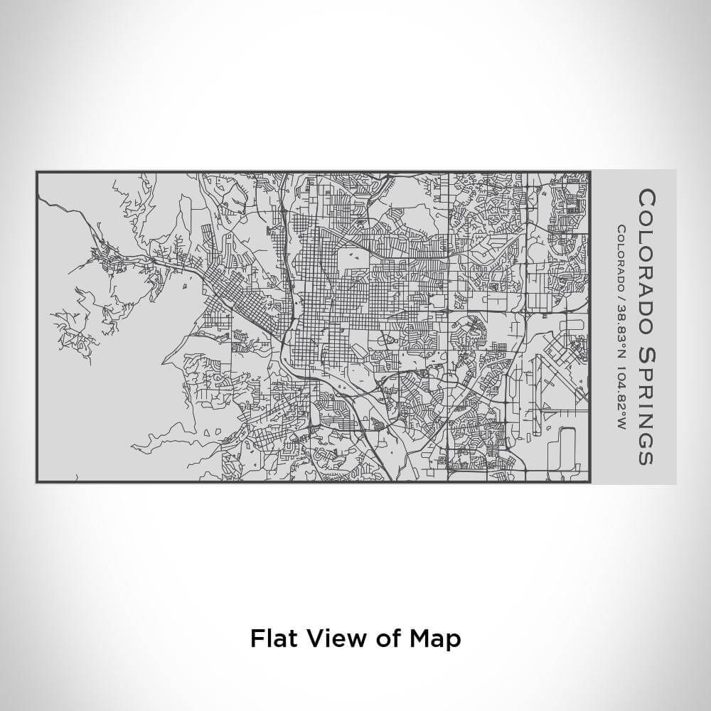 Flat view of a detailed Colorado Springs map with coordinates, designed for custom engraving on insulated bottles.