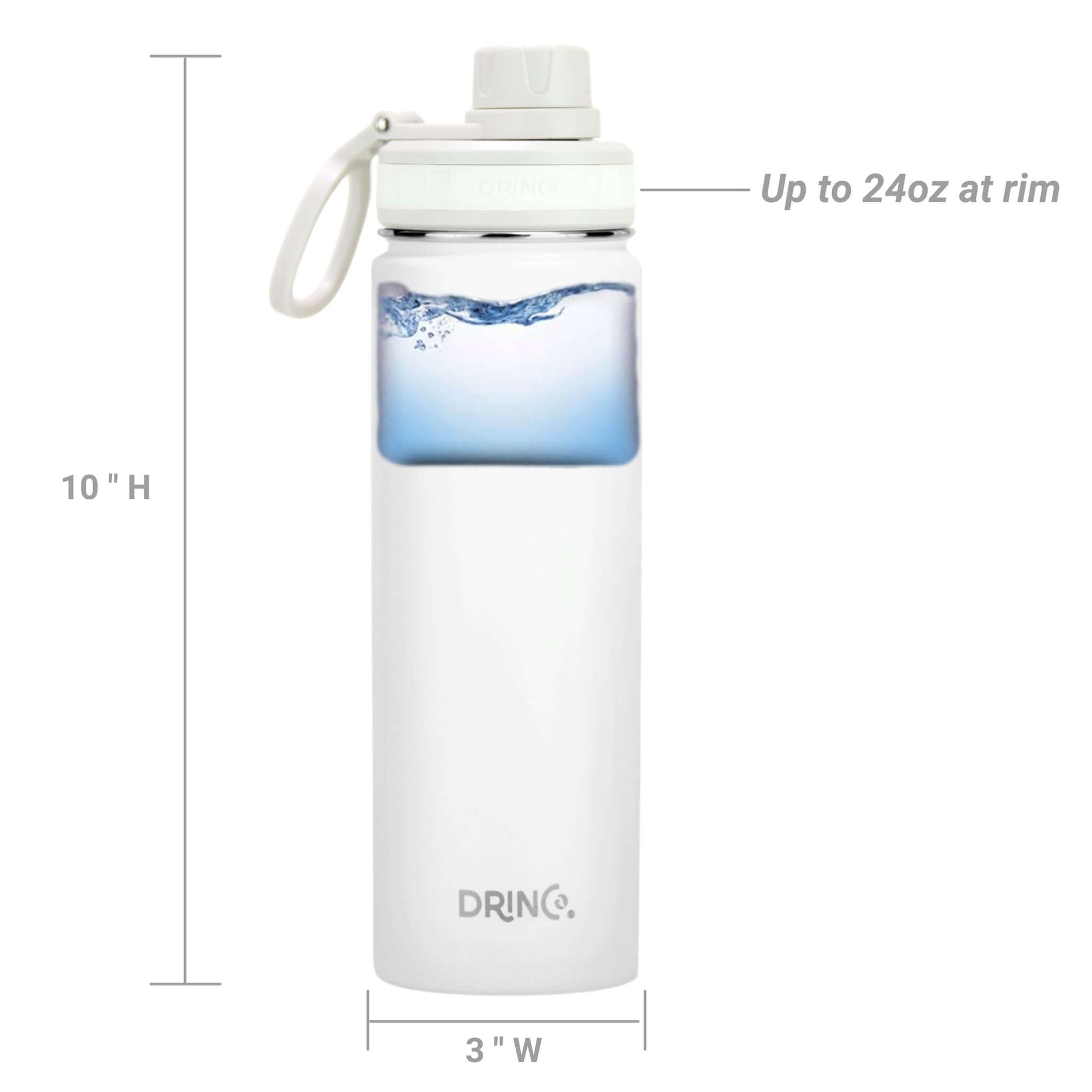 DRINCO 22oz stainless steel sport water bottle in Arctic White with dimensions and water feature.