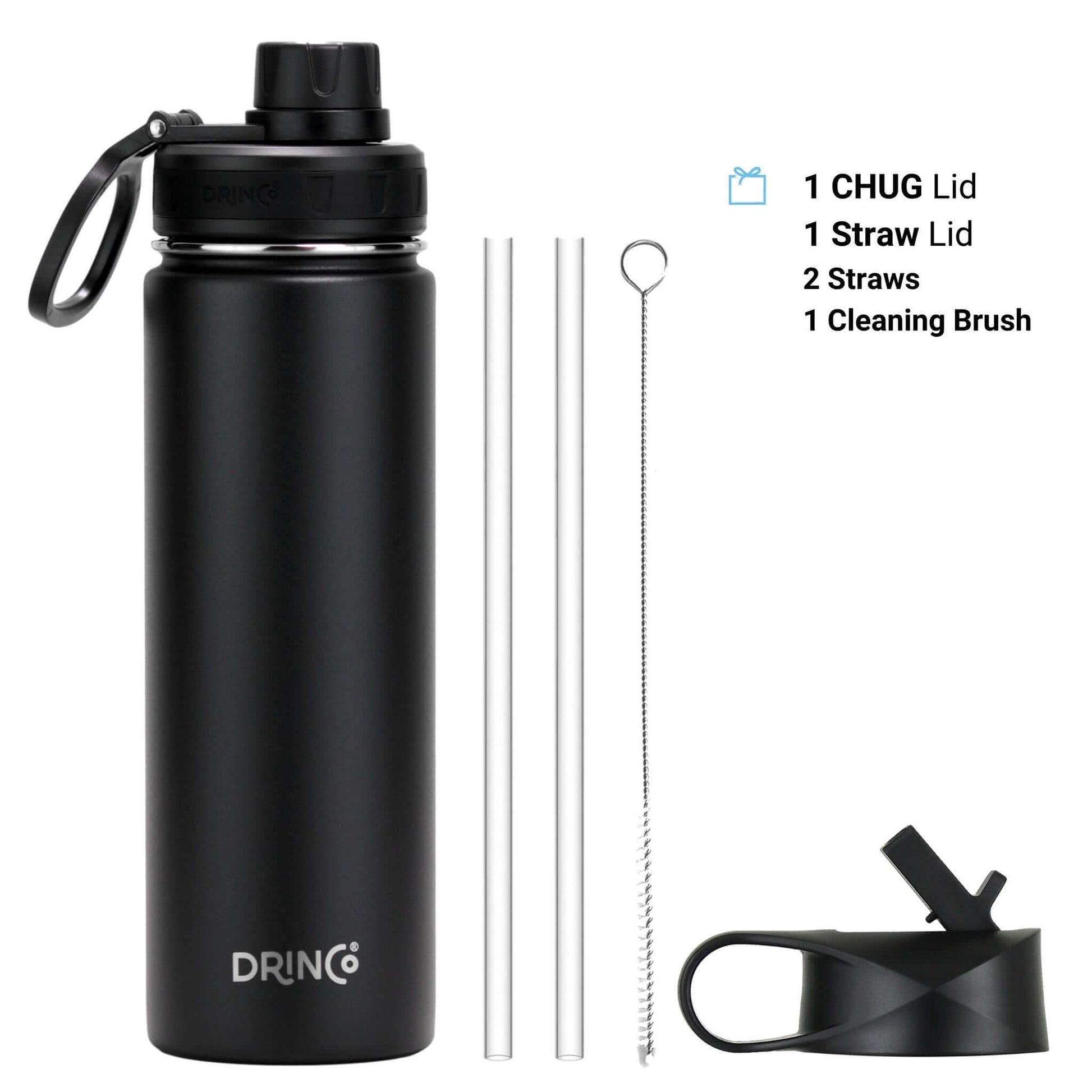 DRINCO 22 oz black insulated stainless steel sports bottle with chug and straw lids, two straws, and cleaning brush.