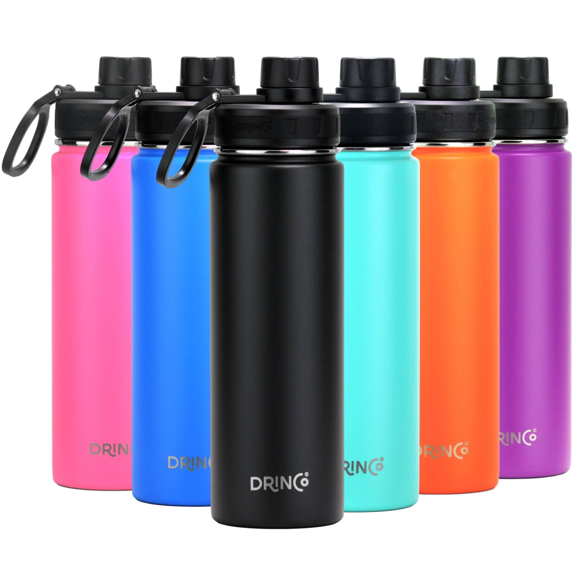 Various colors of DRINCO® insulated stainless steel sports bottles arranged in a row with leak-proof lids.
