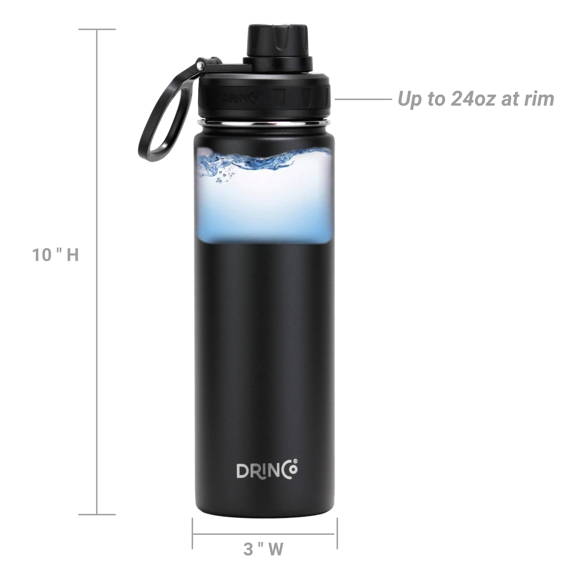 DRINCO® 22 oz Insulated Black Stainless Steel Sports Bottle with wide mouth, leak-proof design and measurement markers.