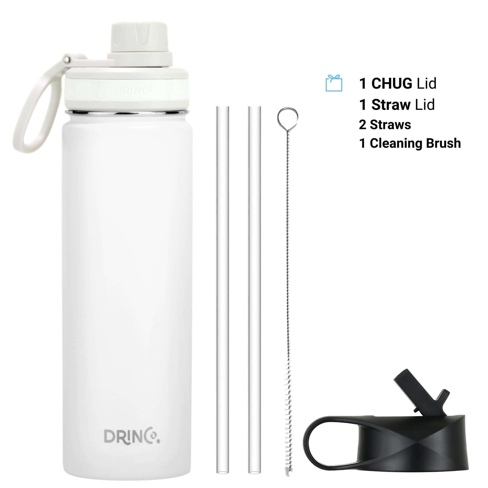 DRINCO 22oz stainless steel sport water bottle in Arctic White with CHUG lid, straw lid, straws, and cleaning brush.