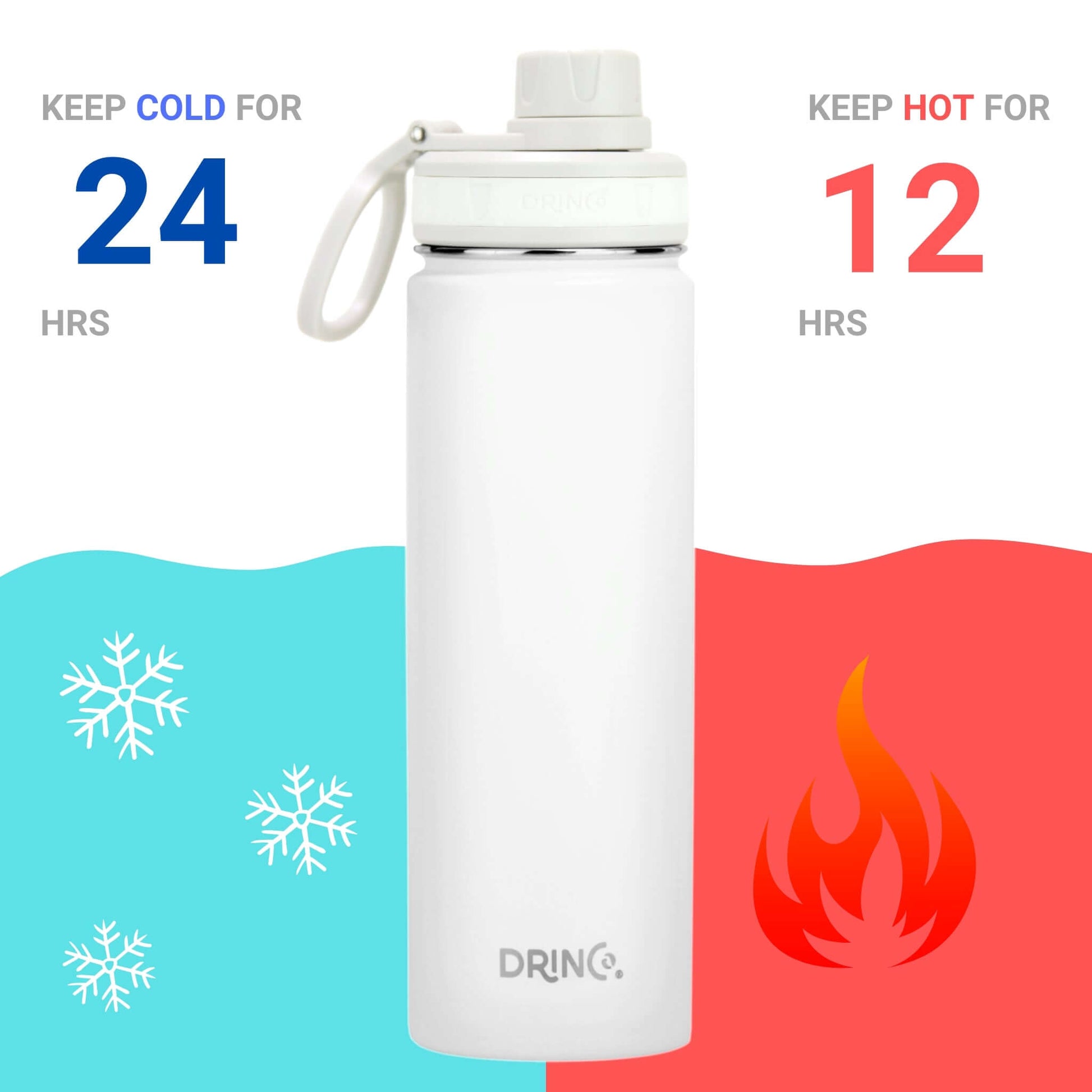 DRINCO 22oz stainless steel water bottle in Arctic White, keeps drinks cold for 24 hours and hot for 12 hours.