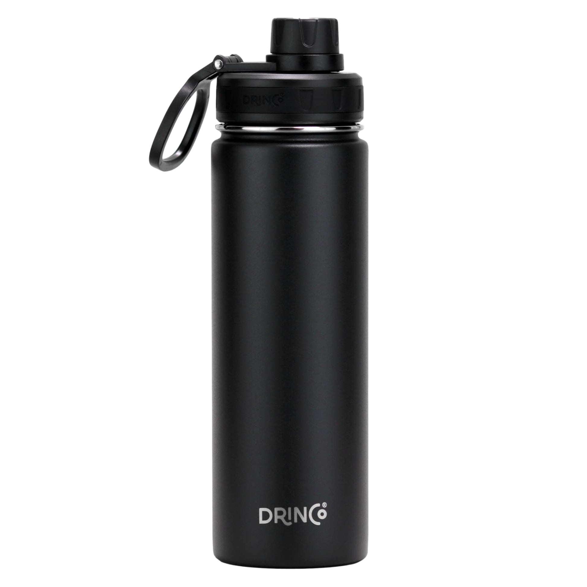 DRINCO® 22 oz Black Insulated Sports Bottle with wide mouth and leak-proof design for hydration on-the-go.