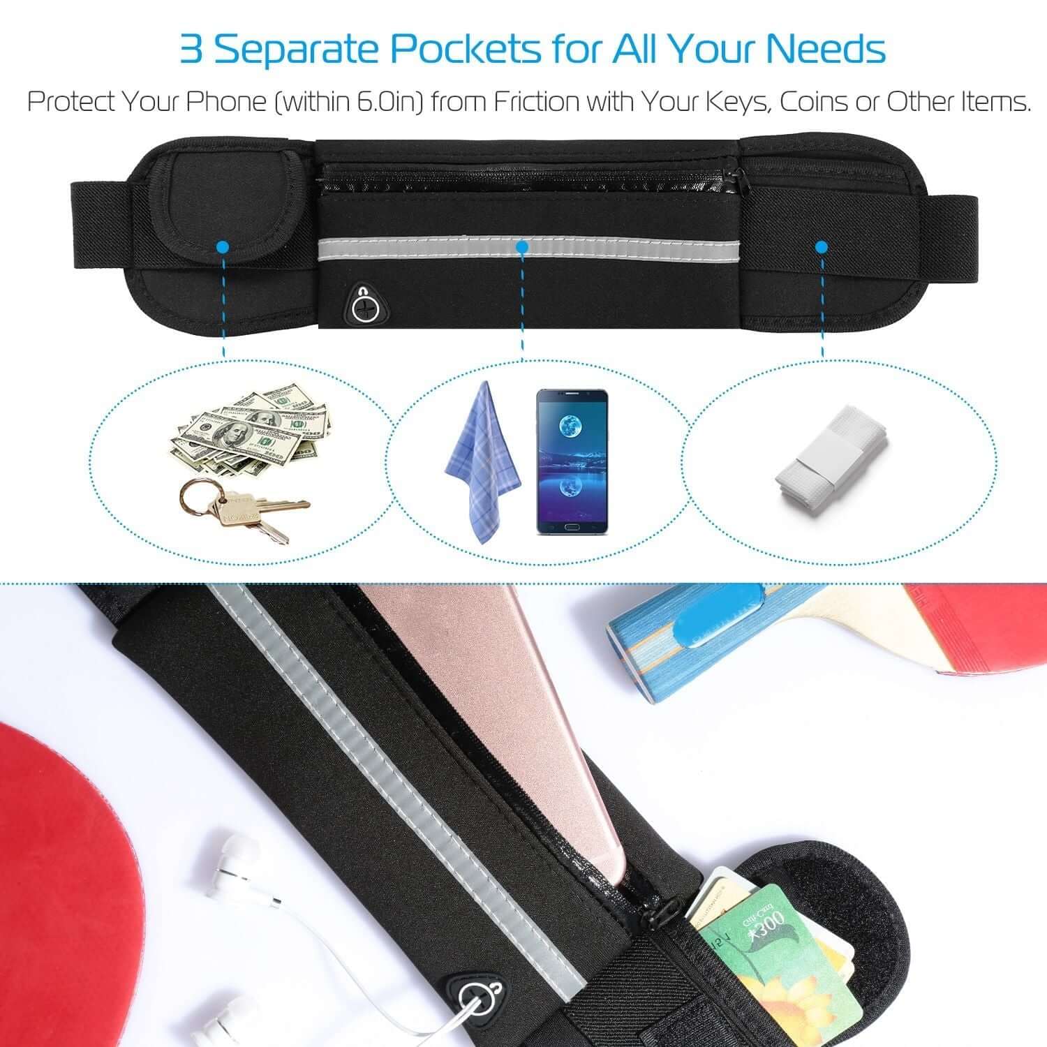 Waterproof sports waist bag with three separate pockets for phone, keys, and cash, ideal for runners and outdoor activities.