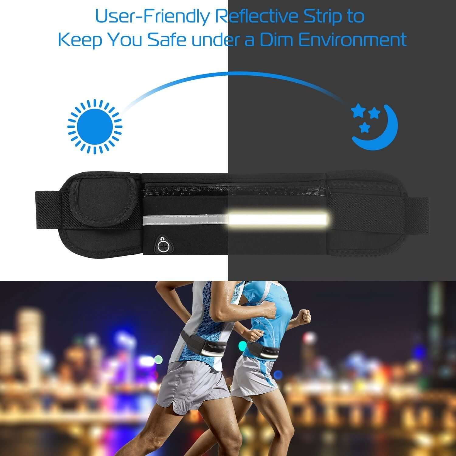 Sports waist bag with reflective strip for safety during nighttime running adventures.