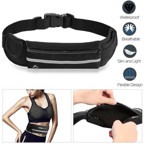 Sports waist bag running belt pack, waterproof, adjustable, breathable, slim design for outdoor activities.