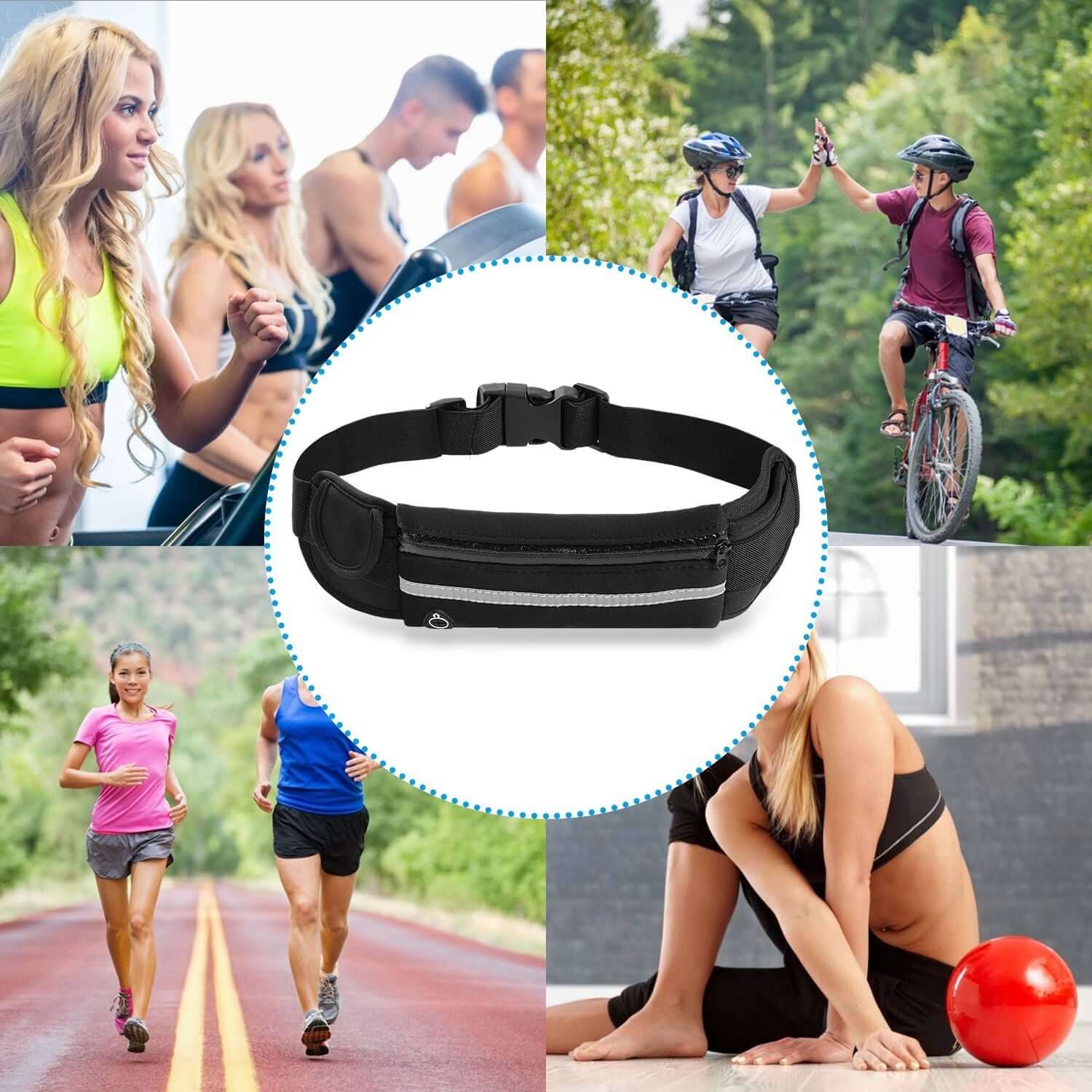 Sports waist bag running belt pack, waterproof, adjustable waist pouch for outdoor activities.