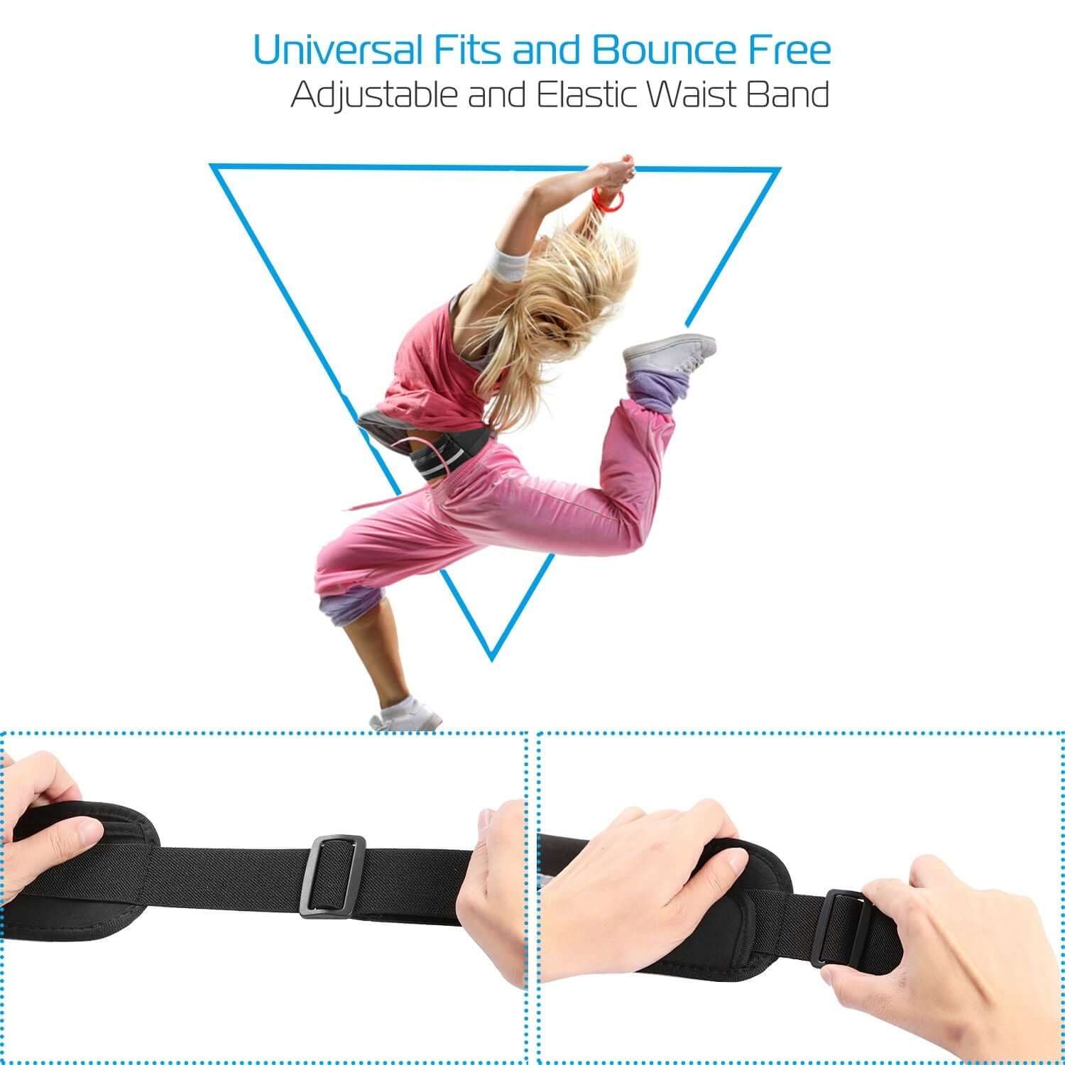 Woman demonstrating adjustable and elastic waist band of sports waist bag, designed for comfort and bounce-free movement.
