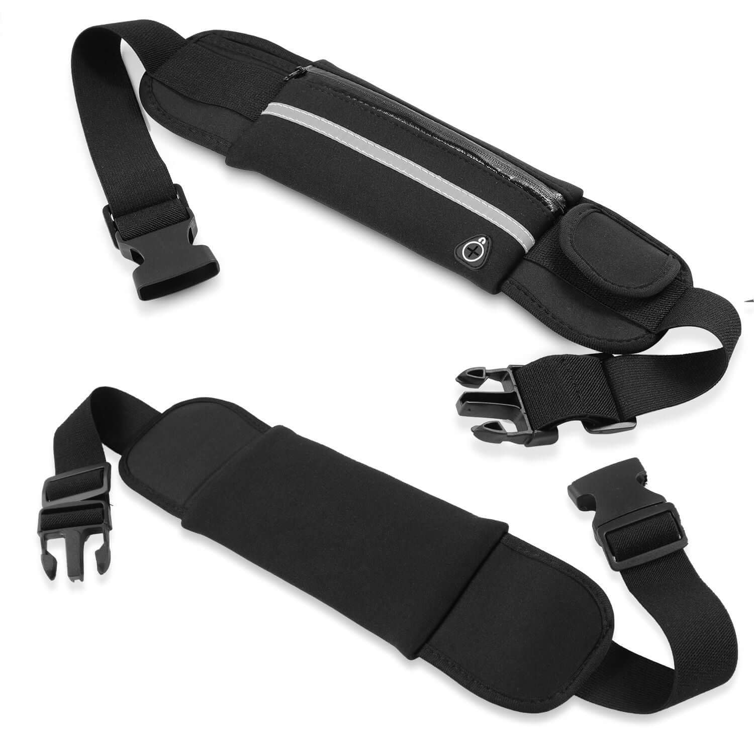 Black waterproof adjustable running belt pack with reflective strip and pouch for safe outdoor activities.