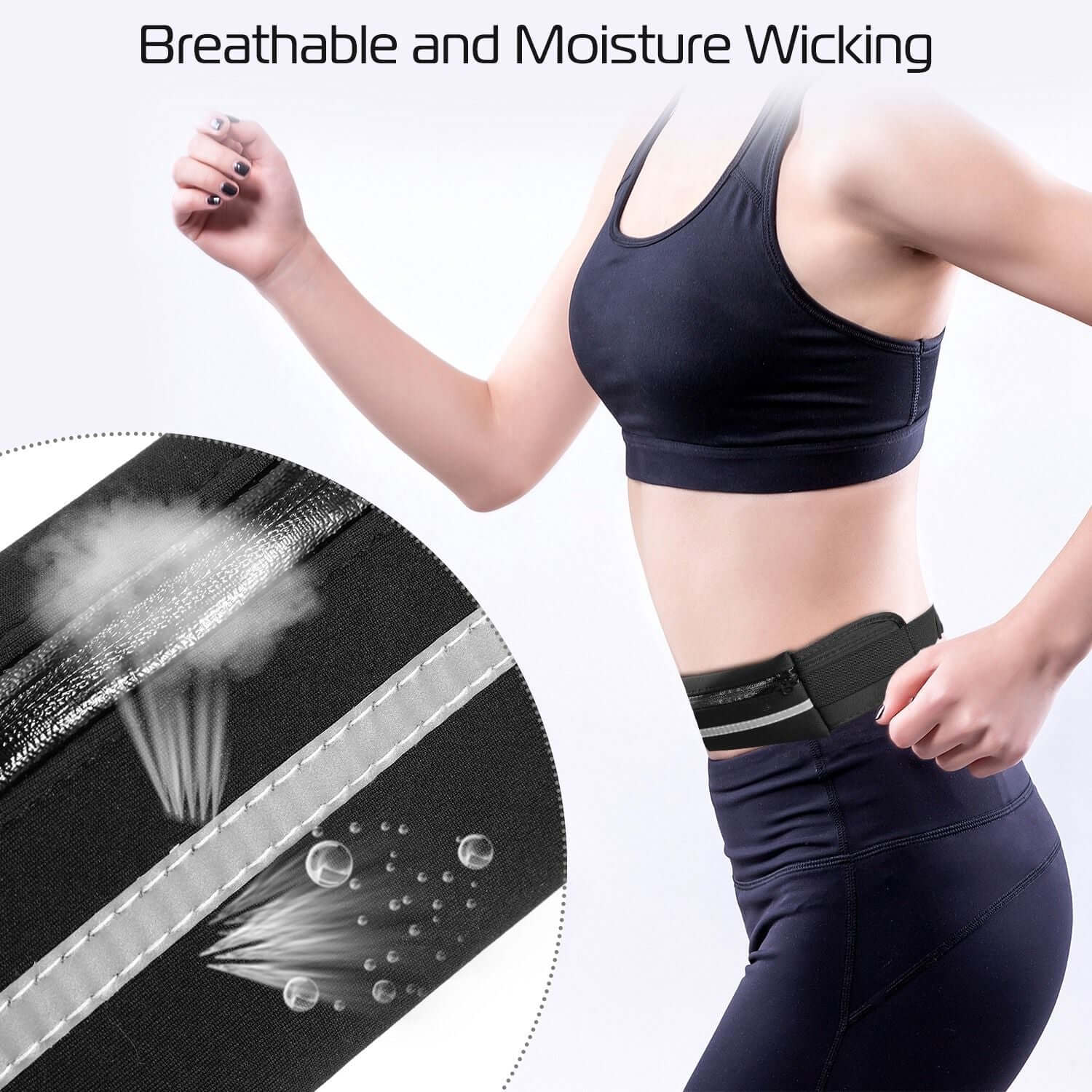 Athlete wearing a breathable moisture-wicking sports waist bag while running, showcasing comfort and functionality.