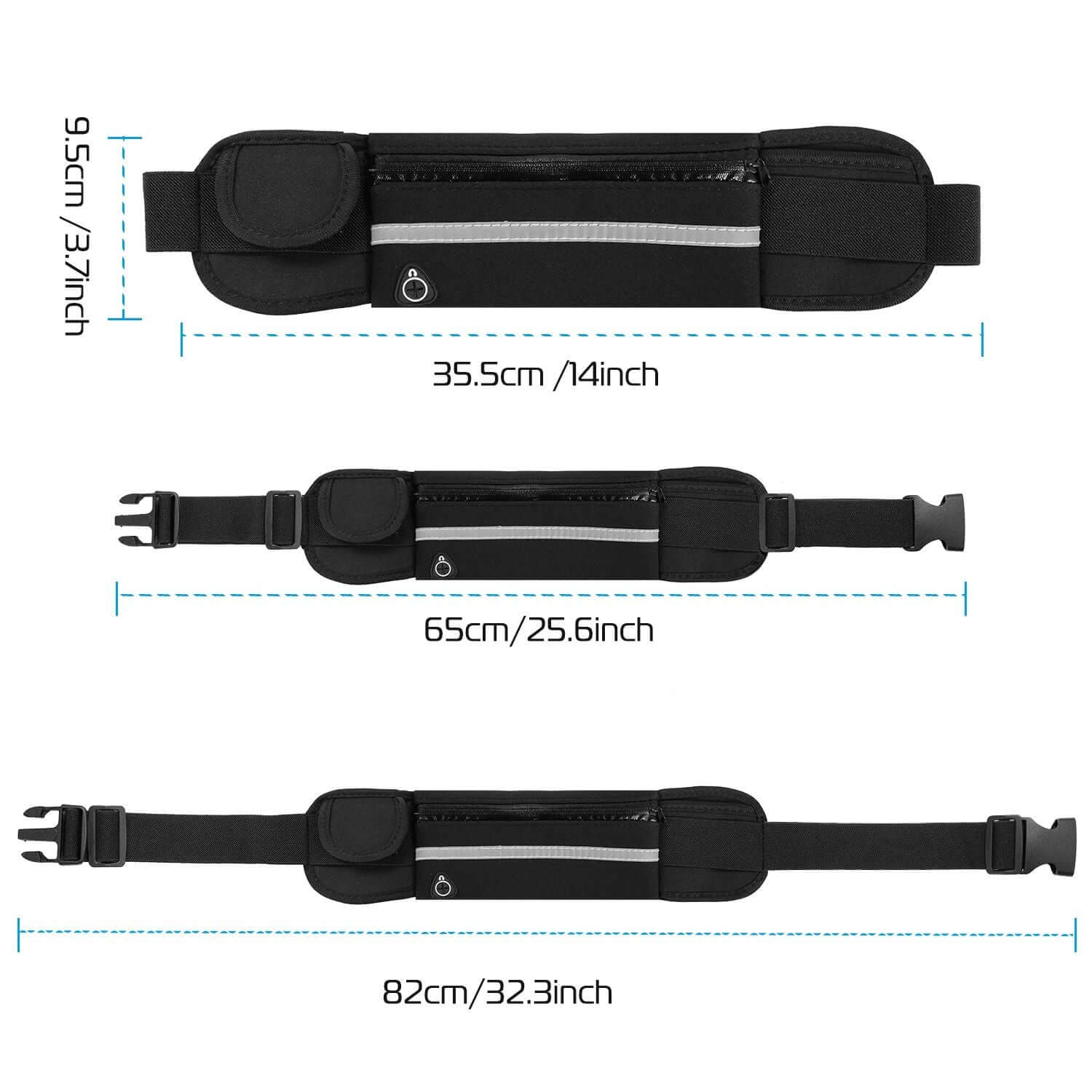 Dimensions of Sports Waist Bag Running Belt Pack showing adjustable sizes for comfort and fit.