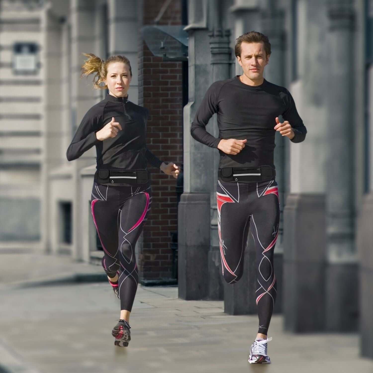 Couple running outdoors wearing a sports waist bag running belt pack for added convenience and safety.