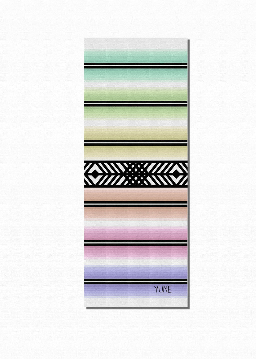 Yune Yoga Mat with striped design, featuring pastel colors and non-slip texture for comfort and stability during workouts.