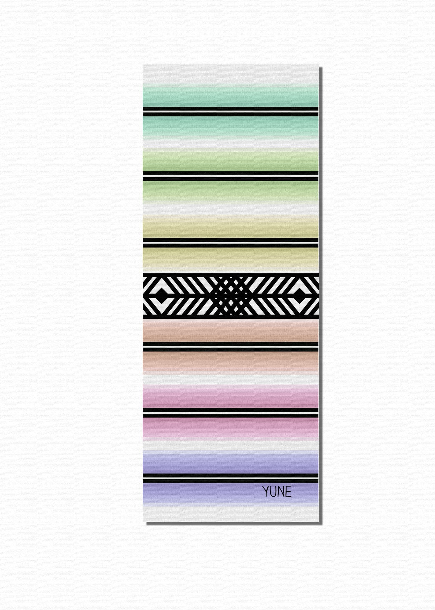 Yune Yoga Mat with striped design, featuring pastel colors and non-slip texture for comfort and stability during workouts.