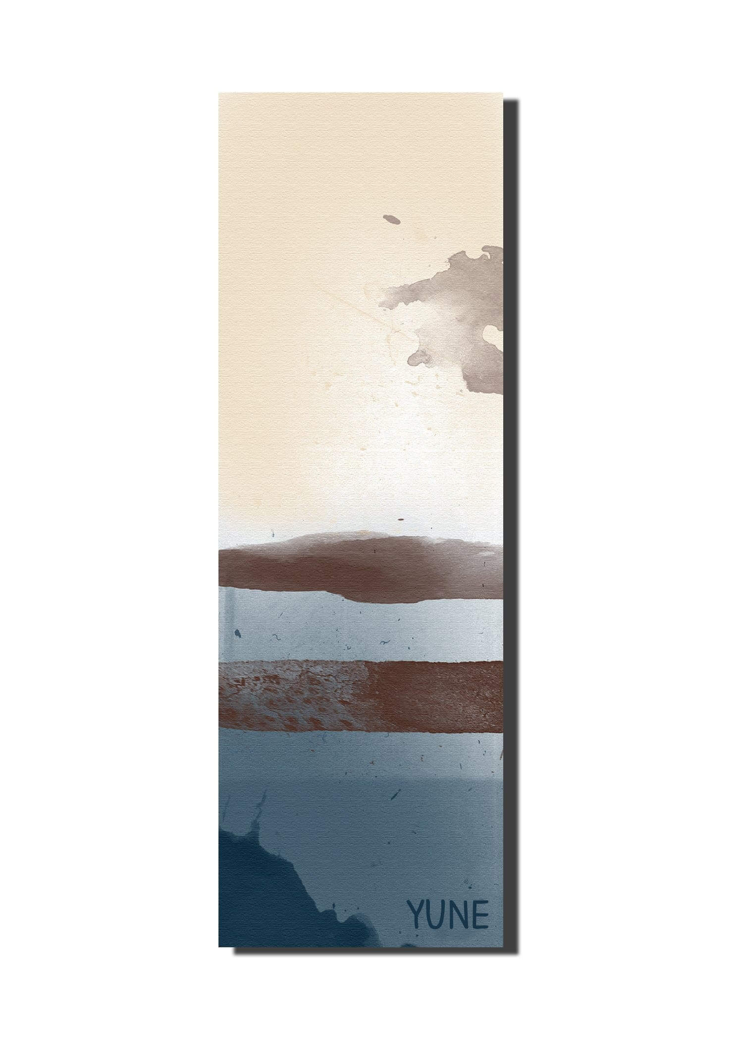 Yune Yoga mat with artistic design in tan, brown, and blue stripes, featuring a modern abstract style.