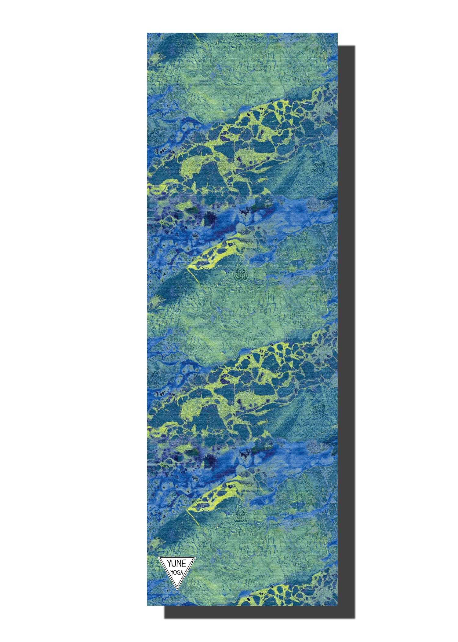 Yune Yoga eco-friendly yoga mat in blue and green abstract design, 6mm thick, non-slip, lightweight, and portable.