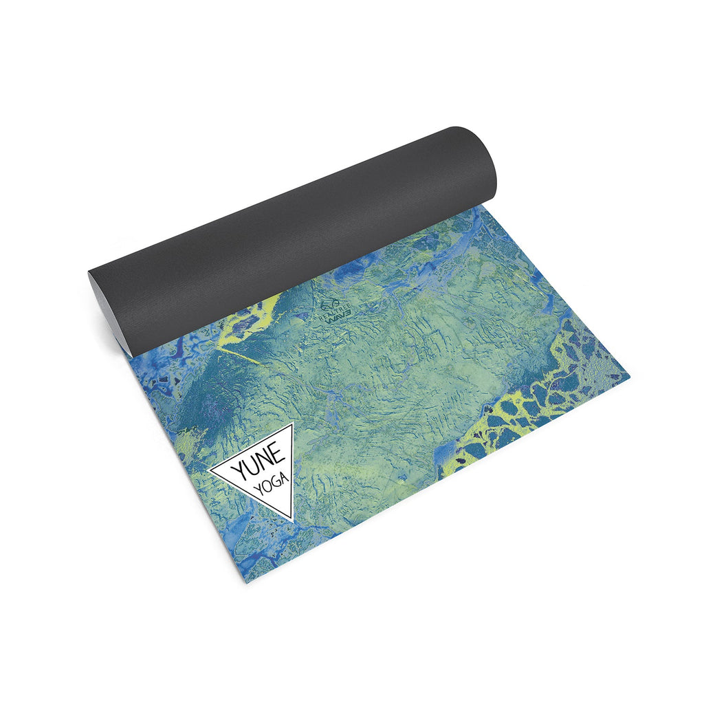 Yune Yoga eco-friendly yoga mat, 6mm thick, non-slip surface, blue and green design, lightweight for travel.